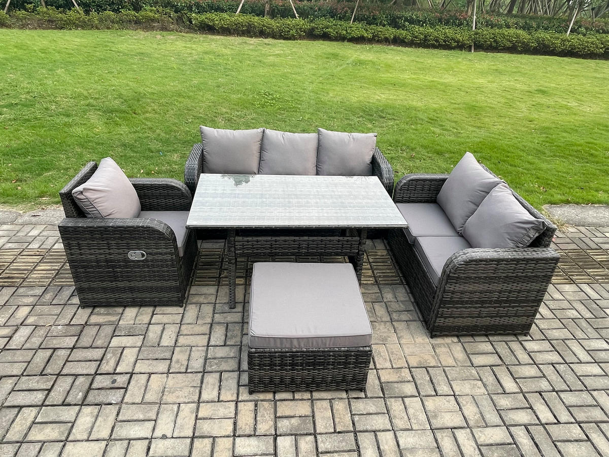 Gartenmöbelset mit 3-Sitzer Sofa,Esstisch,Polyrattan Dunkelgrau 7-Sitzer - Dunkelgrau/Grau, Glas/Kunststoff - Fimous