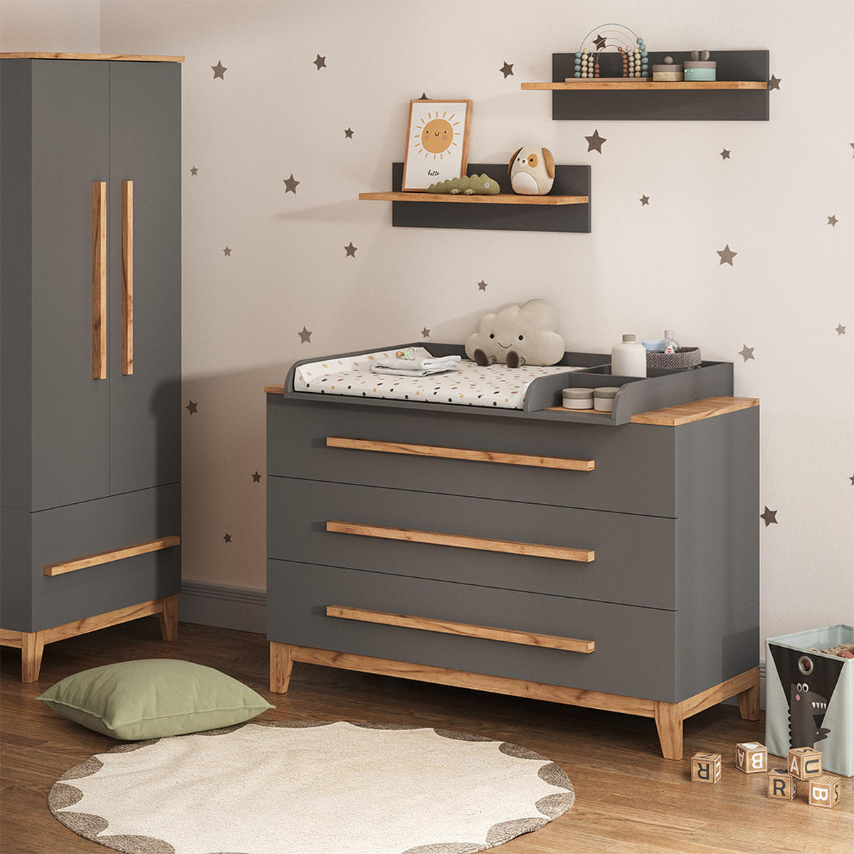 WICKELKOMMODE Malia Grau/Artisan 133.2 x 98 cm mit 3 Schubladen - Hellgrau/Grau, Holzwerkstoff (133.2/98/70cm) - VitaliSpa