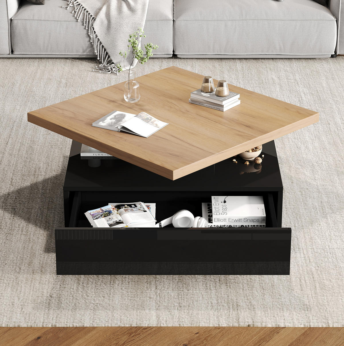 COUCHTISCH 70/70 cm drehbar mit versteckter Schublade in Walnuss/Schwarz - Schwarz, Holzwerkstoff (70/70/36cm) - BEAOK