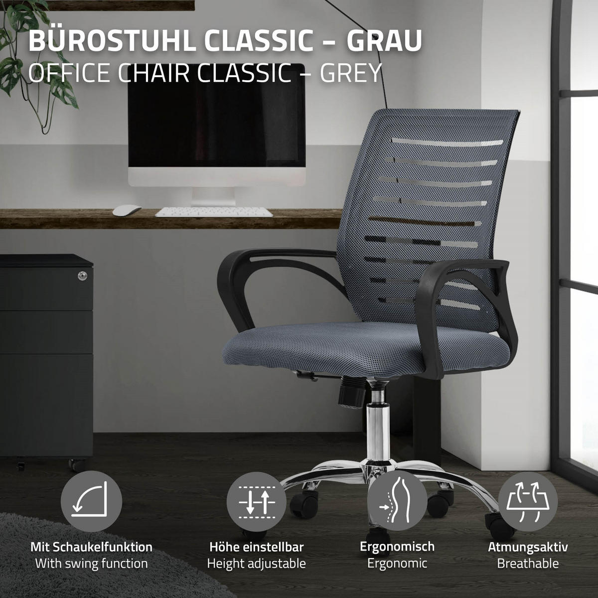 SCHREIBTISCHSTUHL Classic grau - Grau, Metall (54/99/59cm) - ML-DESIGN