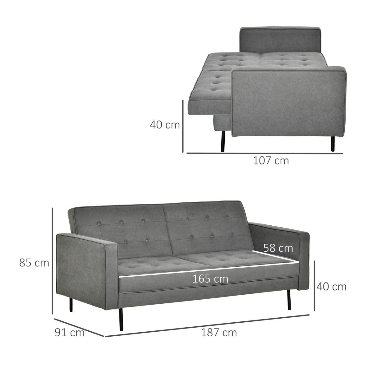 SCHLAFSOFA Baumwollstoff Eukalyptus Grau - Grau, Textil (91/85/187cm) - HOMCOM