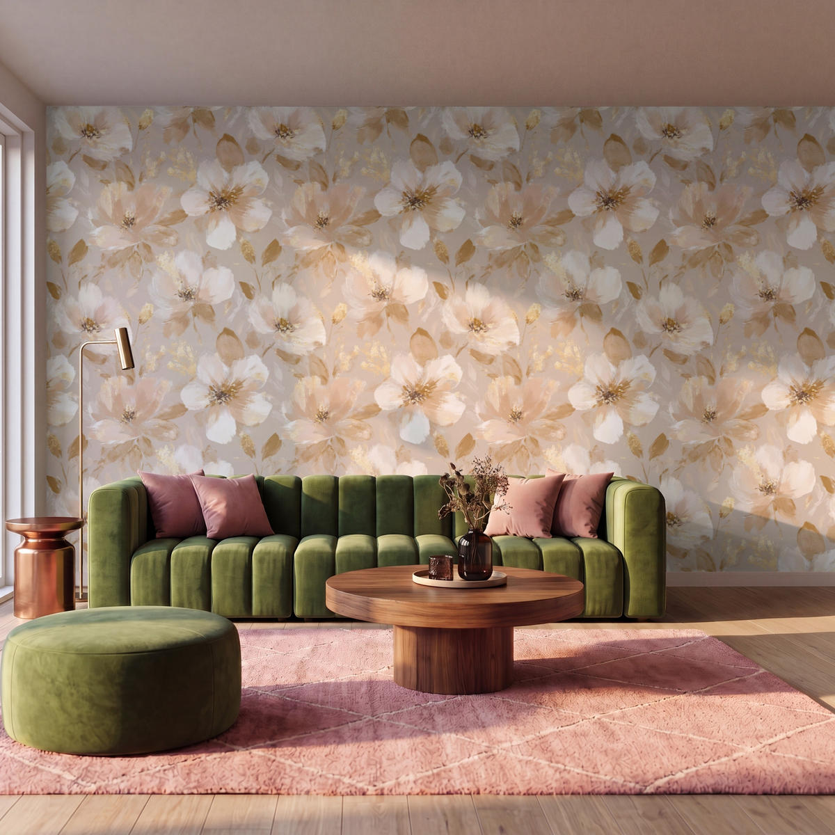 TAPETE - Blumen - künstlerisch - Gold - 450x280 cm - Beige, Papier (450/280cm) - OnlyWow