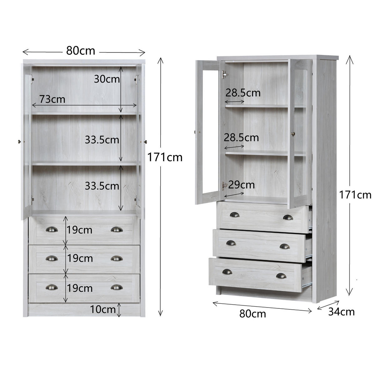 HOCHSCHRANK mit Glastüren, 3 Schubladen und Kupfergriffen, 80/34/171 cm, Holzoptik, Weiß - Naturfarben/Weiß, Holzwerkstoff (80/171/34cm) - Redom