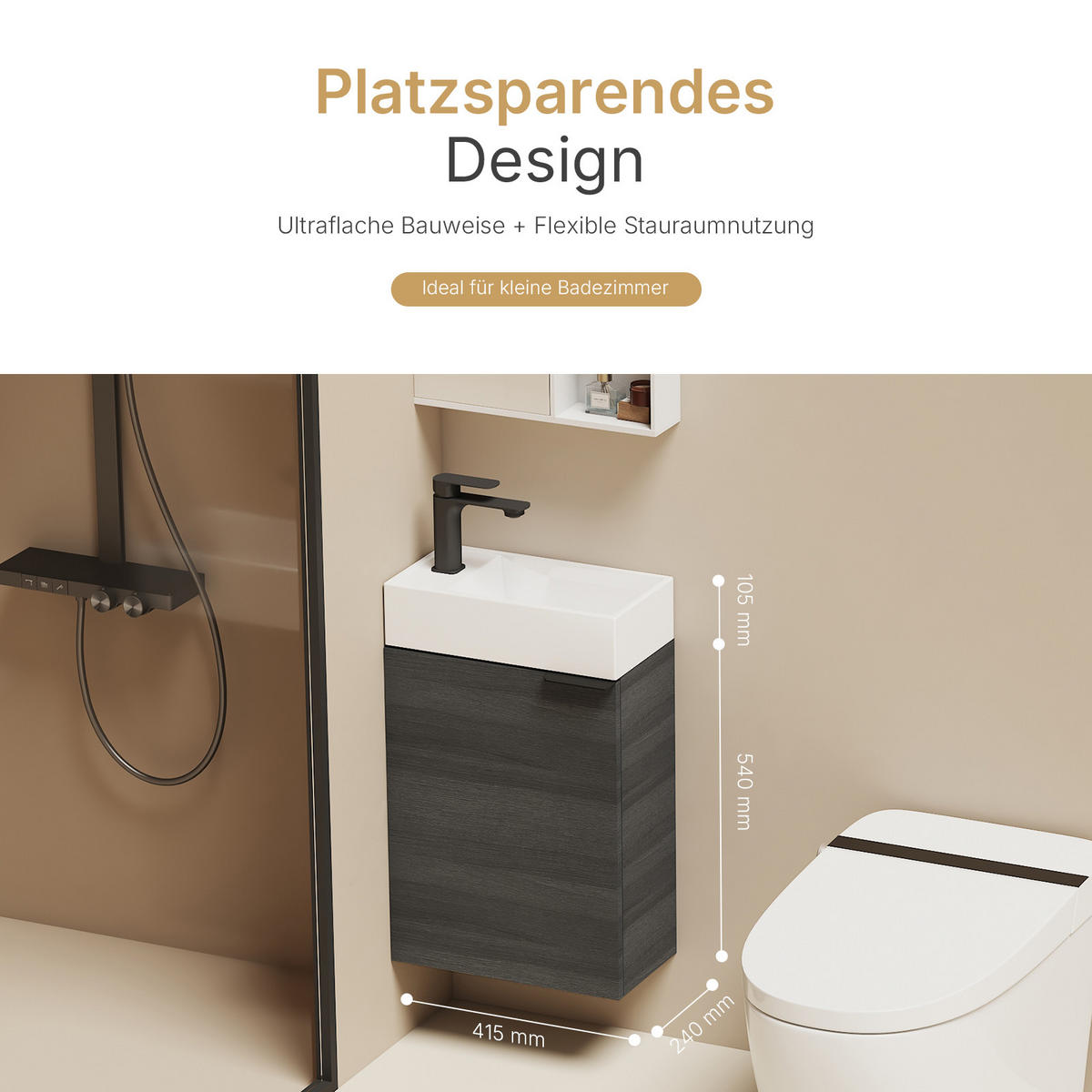 WASCHTISCHKOMBI 41,7 cm Holzdekor Grau mit Keramik-Waschbecken - Graubraun/Schwarz, Holz/Holzwerkstoff (41.7/64.6/24cm) - EMKE