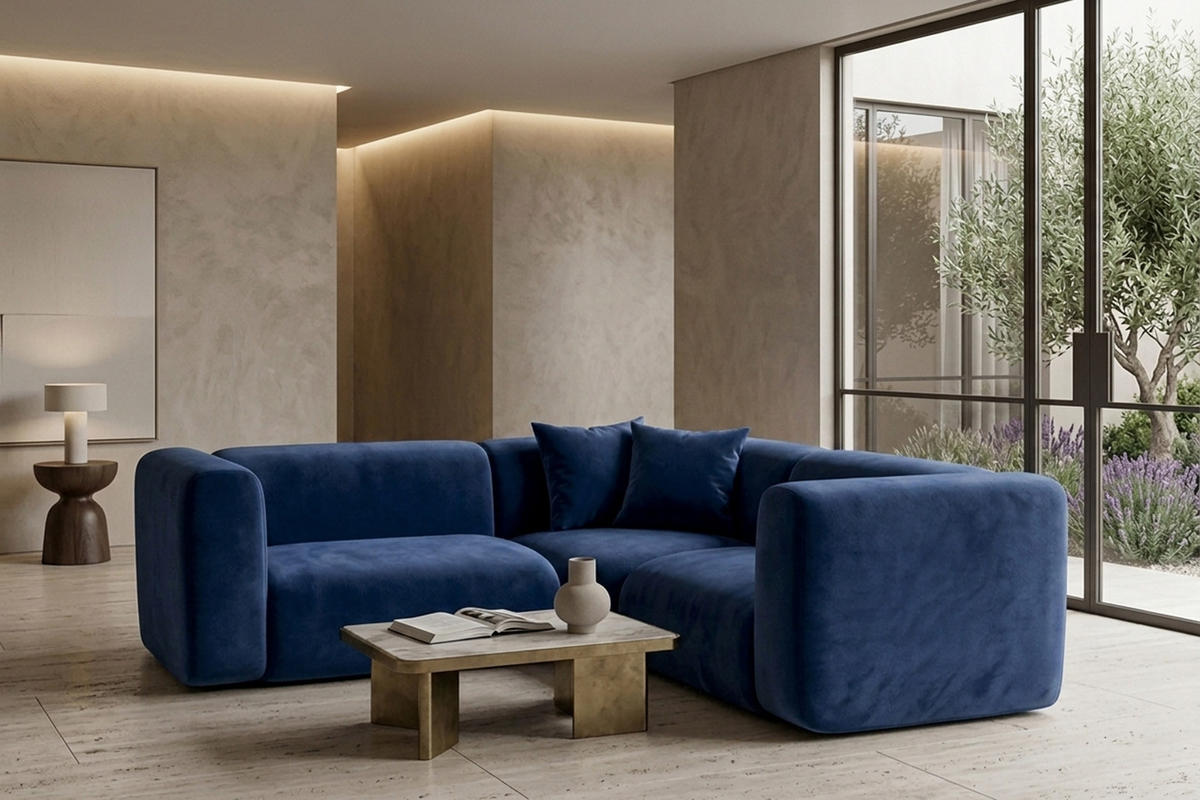 ECKSOFA Modulares, Corner Mini, Velvet-Stoff Bluvel, Tintenblau, GRETA - Blau, Holz (190/190cm) - Kaiser Möbel