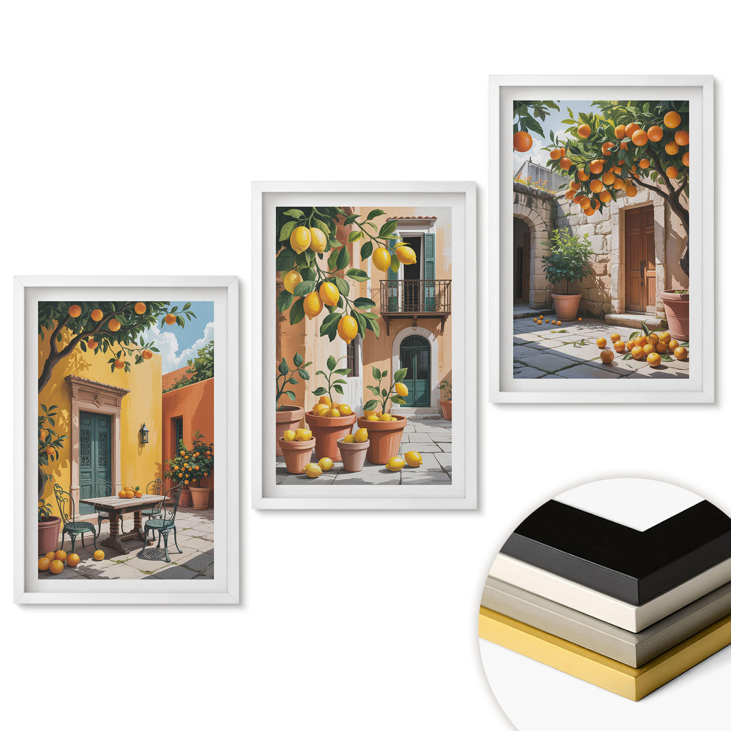 WANDBILDER 3er-Set - 40x60 cm Weißer Rahmen - Zitrusfrüchte im Garten - Weiß, Kunststoff (40/60cm) - ArtPrintCave