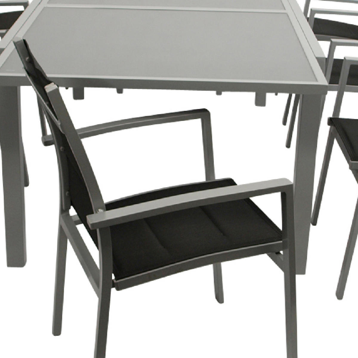 GARTEN-GARNITUR Ashford - 9-teilige Garten-Essgruppe (8x Stapelsessel mit Aluminiumgestell, Bespannung Textillehne schwarz, Ausziehtisch - Schwarz, Metall - TPFGarden