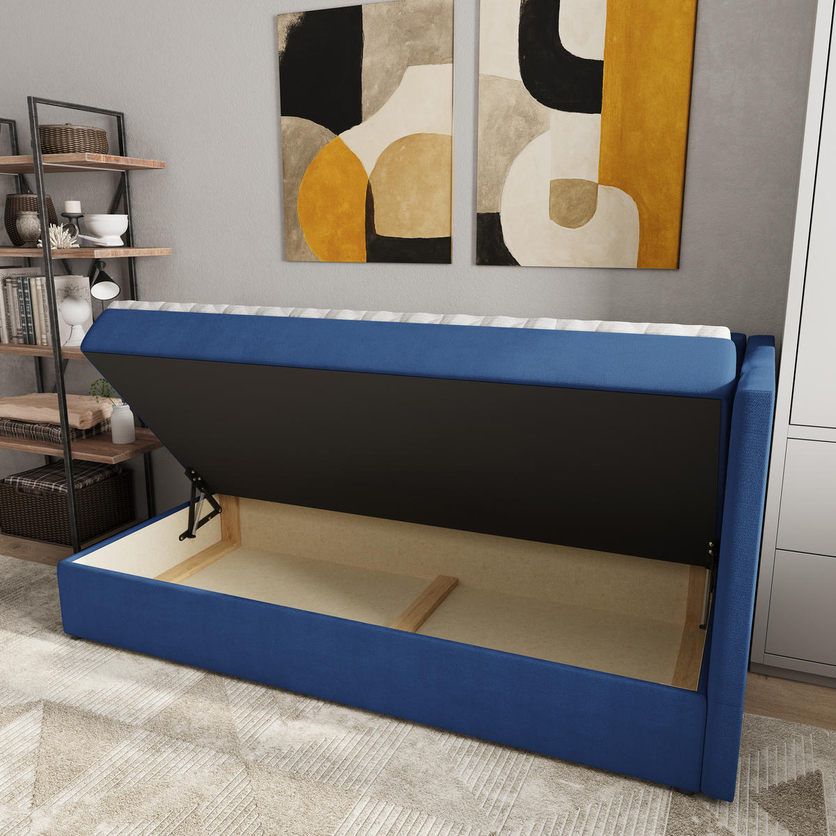 BOXBETT BEVE 80x200 cm mit Matratze und Topper, H2+H3 - Blau - Blau, Holz (80/200cm) - MASSENO