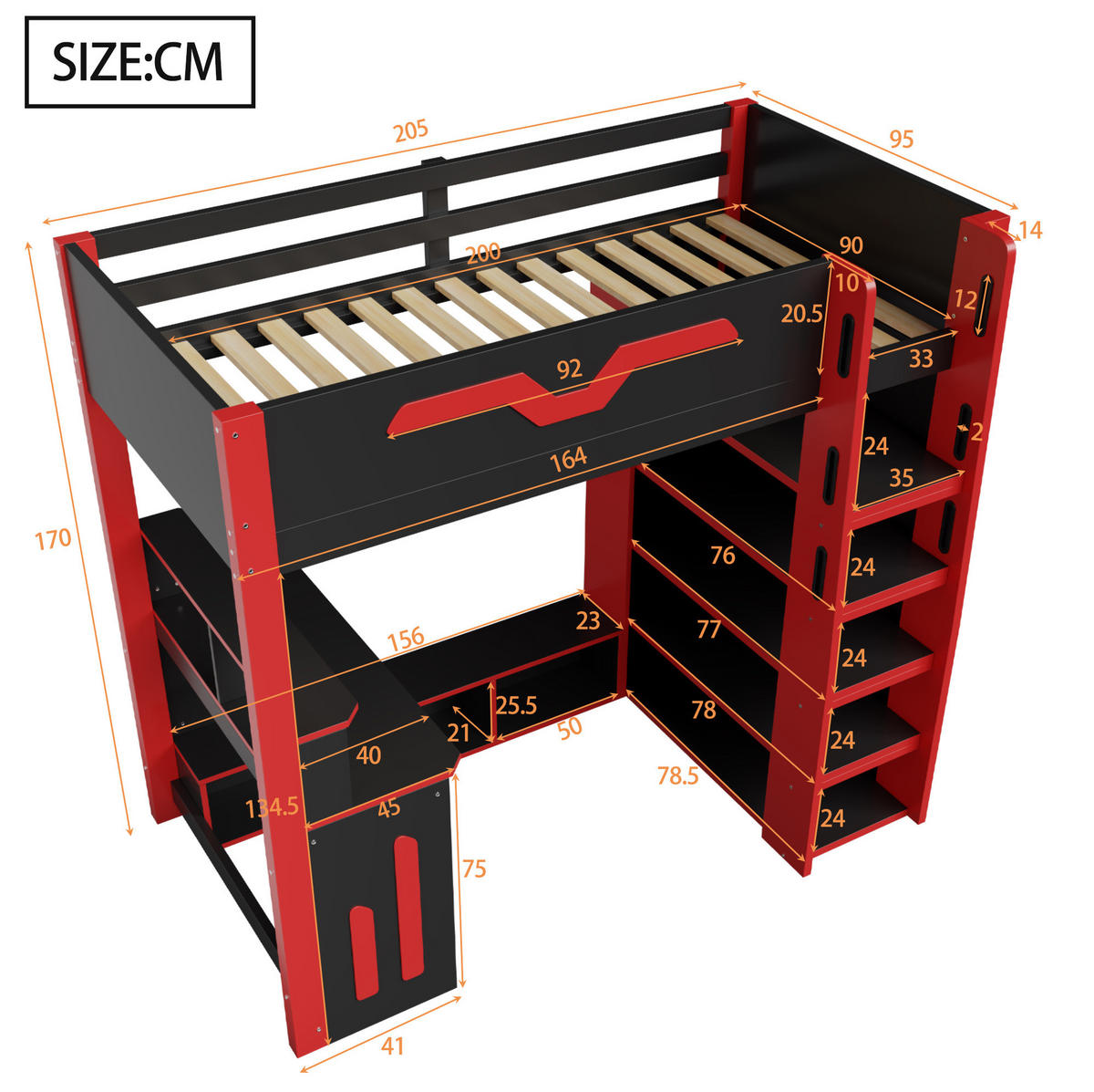 HOCHBETT 90/200 cm aus Holzwerkstoff und Kiefer mit Schreibtisch, Stauraumtreppe und LED Schwarz/Rot - Schwarz, Holzwerkstoff (90/200cm) - Modenvie
