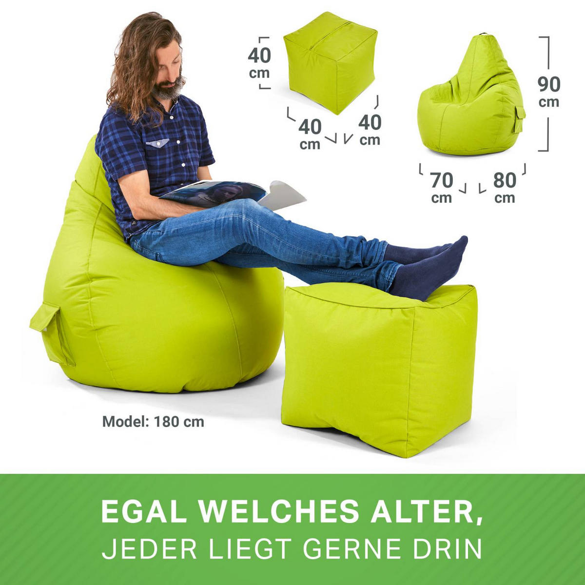 SITZSACK + Hocker "Cozy+Cube" 2er Set - Hellgrün, Textil (70/90/80cm) - Green Bean