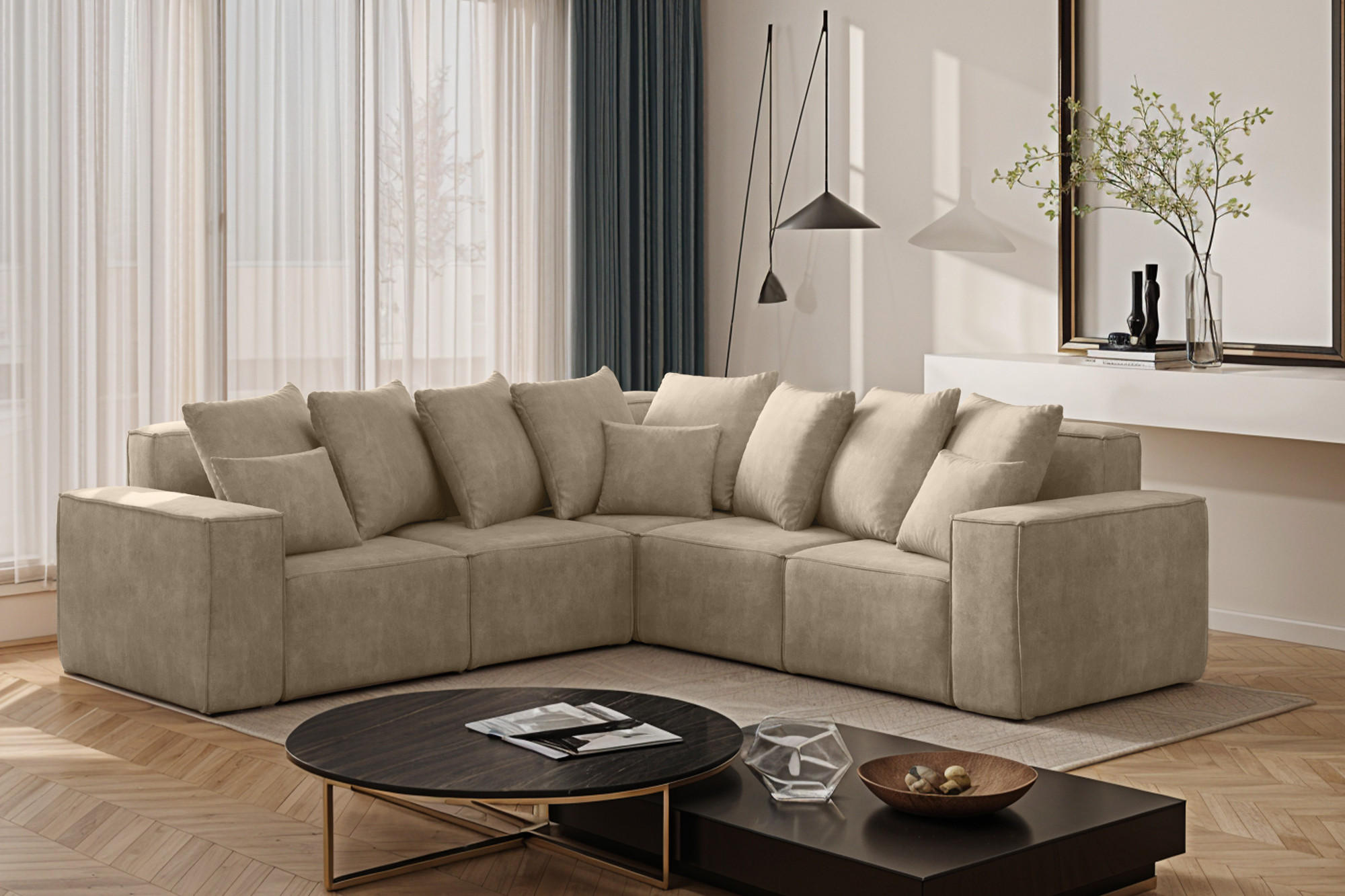 ECKSOFA Corner Ella Stoff Noel Velours Hellbeige - Ecru, Holz/Textil (246/246cm) - Kaiser Möbel