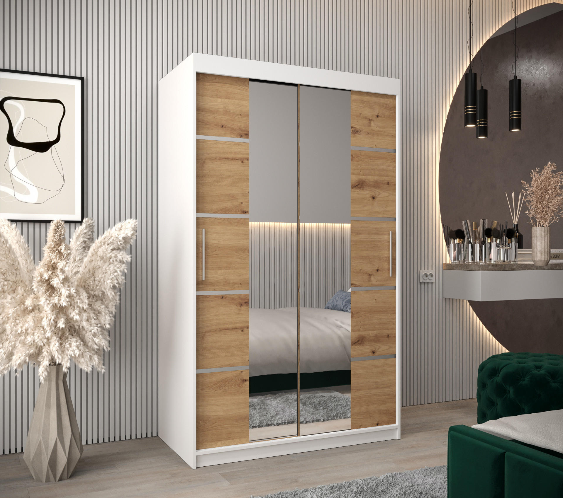 SCHWEBETÜRENSCHRANK 200/120/62 2-türig - Silberfarben/Eiche Artisan, Holz/Kunststoff (120/200/62cm) - MÖBEL KRYSPOL