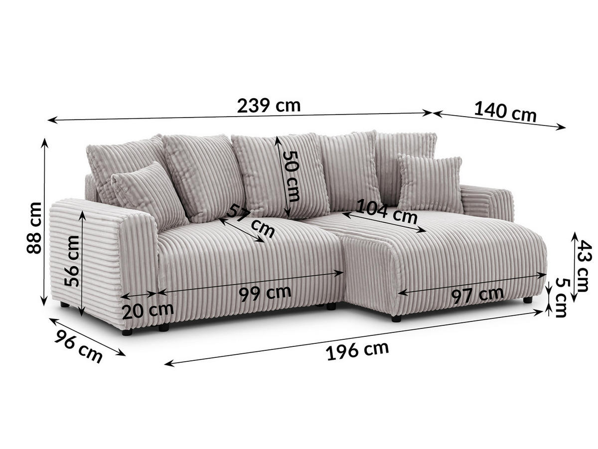 ECKSOFA Calma mit Schlaffunktion und Bettkasten im Bumpy-Design aus weichem Hellgrau Plüschcord - Ottomane rechts - Hellgrau/Schwarz, Holz/Kunststoff (140/239cm) - S-Style