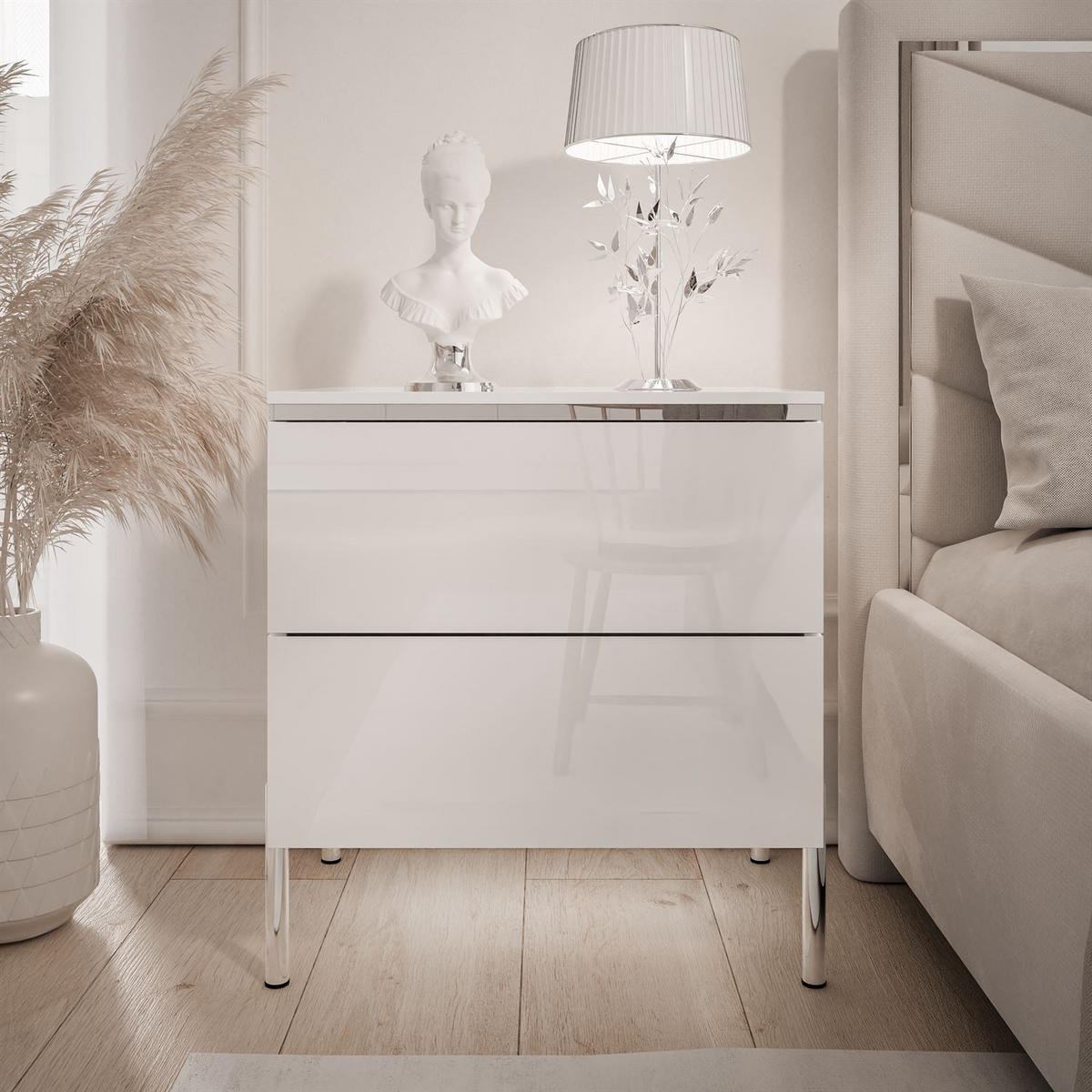 NACHTTISCH AURORA II SILVER Hochglanz Weiß mit LED-Beleuchtung – mit geraden verchromten Beinen - Weiß Hochglanz, Holzwerkstoff (50/54/37cm) - Lookway