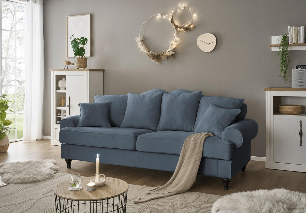 SOFA blau Landhaus, Couch 3,5-Sitzer 230 cm - Blau, Holz/Textil (230/95/100cm) - Furn.Design