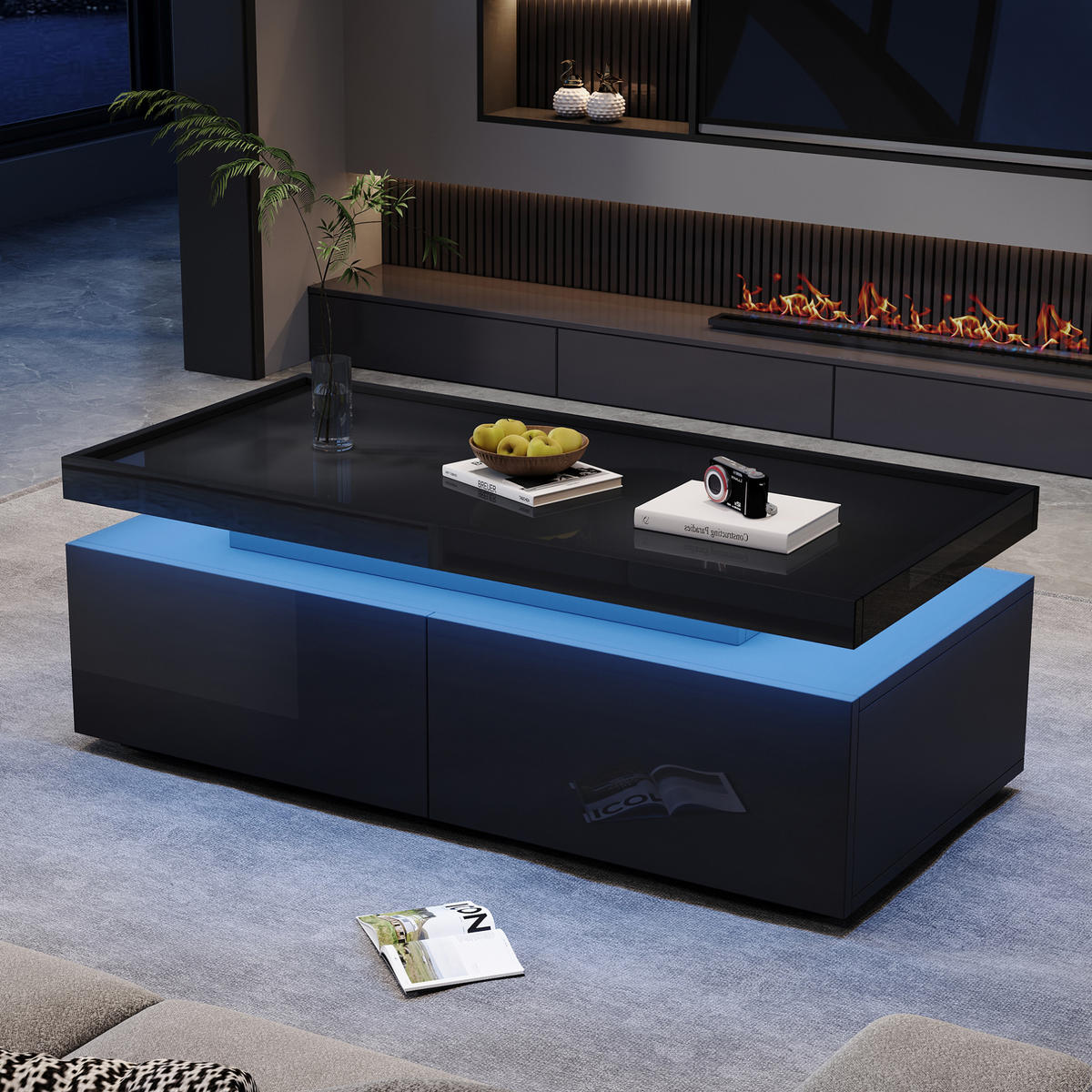 COUCHTISCH mit LED 95 x 45 x 35 cm Schwarz 2 Schubladen - Schwarz, Holzwerkstoff (95/45/35cm) - Meubliv