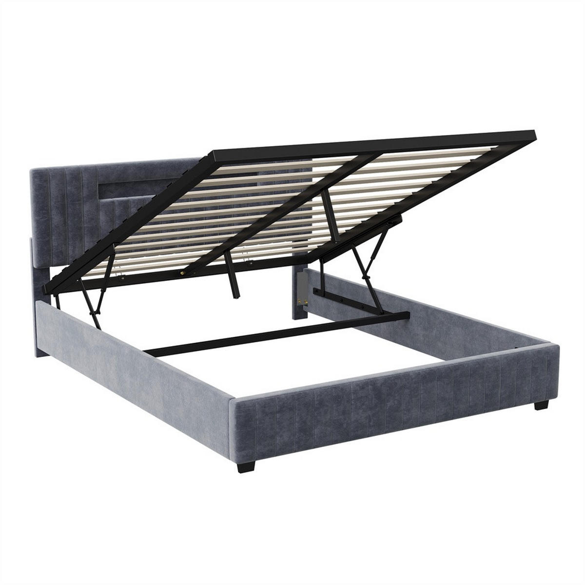 POLSTERBETT 140x200 cm mit LED-Kopfteilbeleuchtung und hydraulischem Bettkasten - ohne Matratze - Grau - Grau, Textil (140/200cm) - DELFA