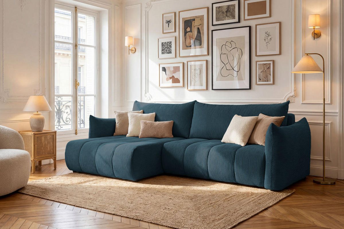 ECKSOFA Liv mit Schlaffunktion & Bettkasten in Cordstoff Marineblau, Universell 260/154/86 cm - Schwarz/Dunkelblau, Kunststoff/Textil (260/154cm) - WFL GROUP