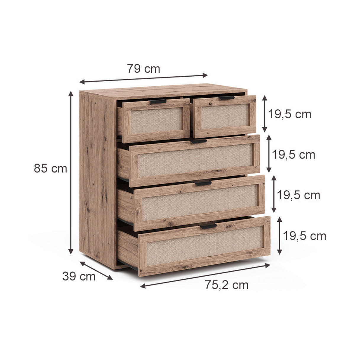 KOMMODE Elven, Eiche, 79 x 85 cm mit 5 Schubladen - Eichefarben, Holzwerkstoff (79/85/39cm) - Vicco