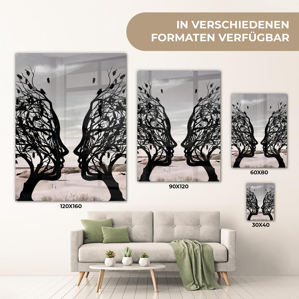 ACRYLGLASBILD Strand - Meer - Menschen - Baum - Moderne Kunst 60x80 cm - Hellgrau, Glas (60/80cm) - MuchoWow