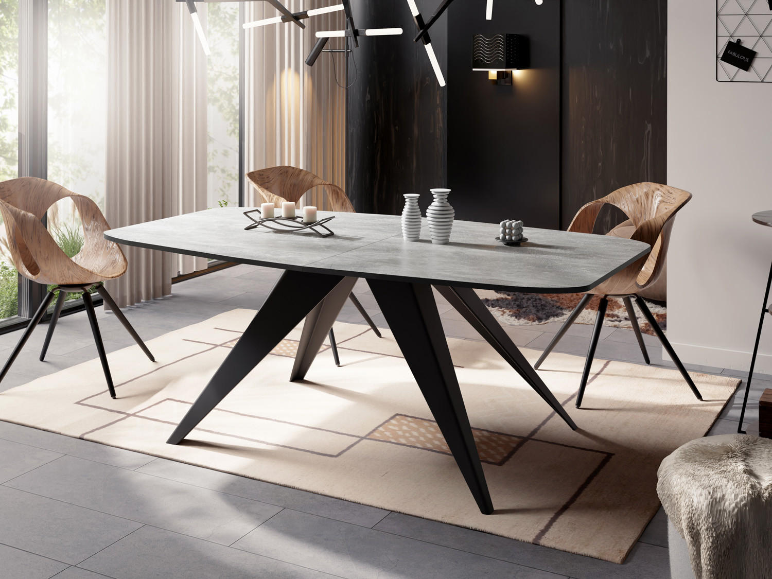 ESSTISCH Foster rechteckig ausziehbar, Grauer Beton 180-218/90/76 cm - Hellgrau/Schwarz, Holzwerkstoff/Metall (180/90/76cm) - WFL GROUP