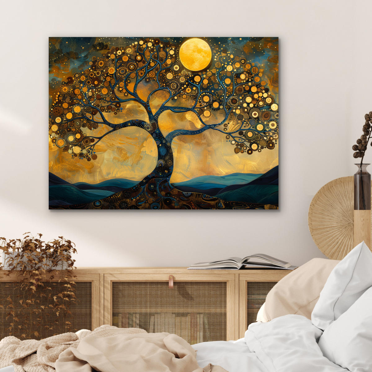 METALLBILD Baum - Mond - Blumen - Gold - Kunst 80x60 cm - Orange, Metall (80/60cm) - MuchoWow