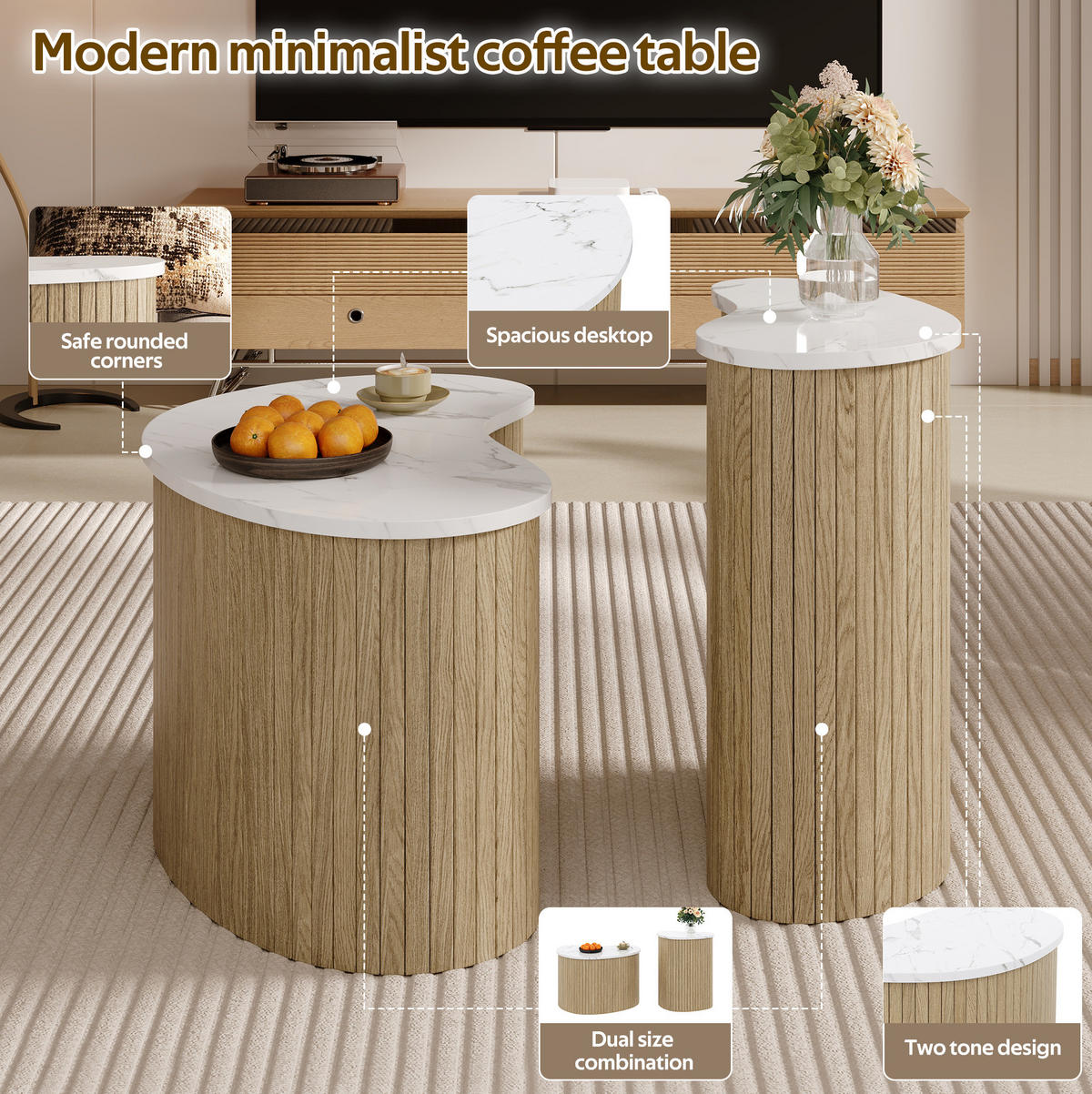 COUCHTISCH 60/37/38+40/25/50 cm natur/weiß aus MDF mit geschwungenem Design - Naturfarben, Holzwerkstoff (60/37/38cm) - OKMYHOME