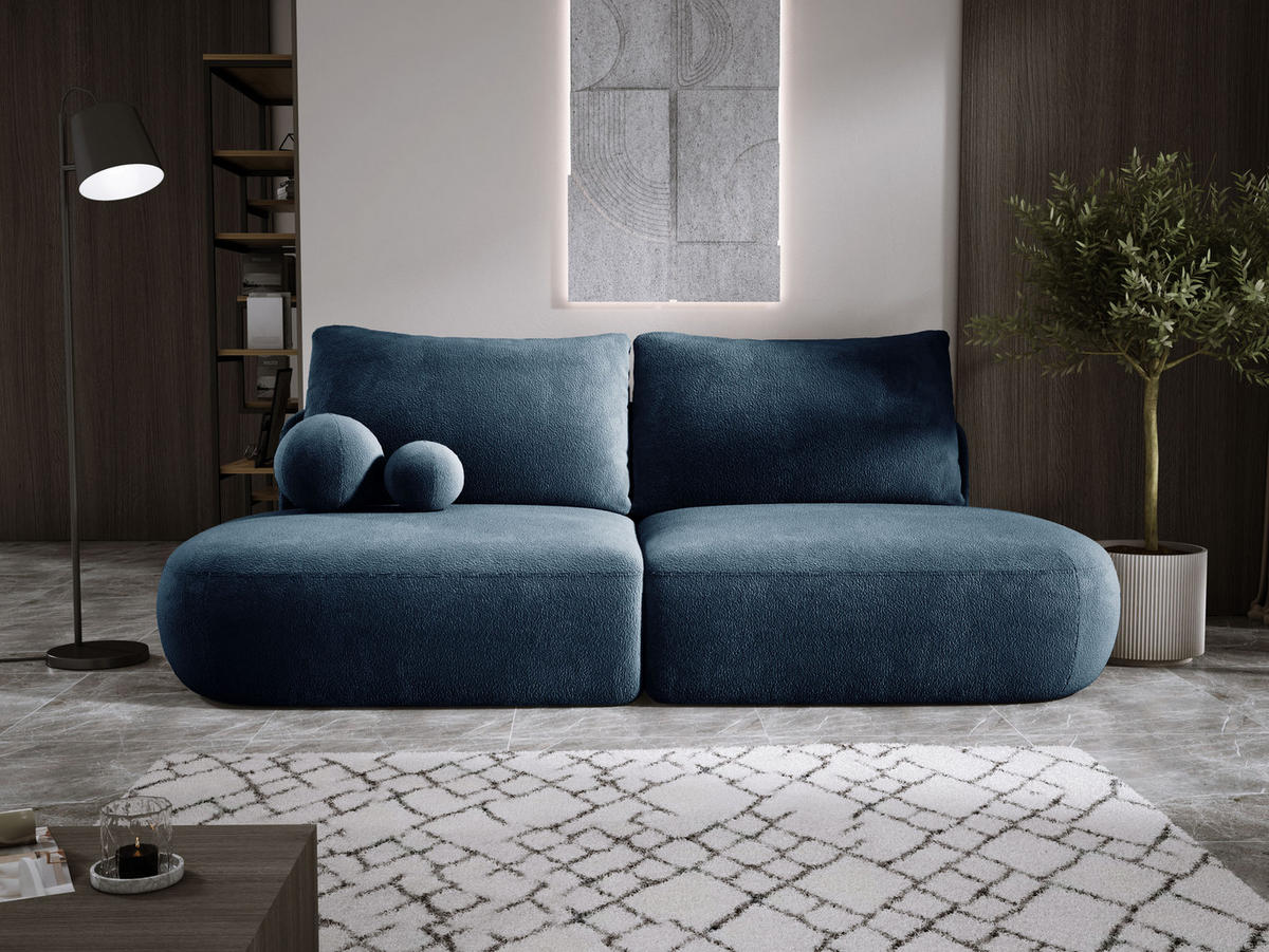 SCHLAFSOFA Moderne BABU mit Schlaffunktion – 3-Sitzer Sofa mit Bettkasten, DL-Automat, 2 Rückenkissen, 2 Zierkissen, 240x90x90 cm, Blau - Blau, Holz/Textil (240/90/90cm) - DomoHome