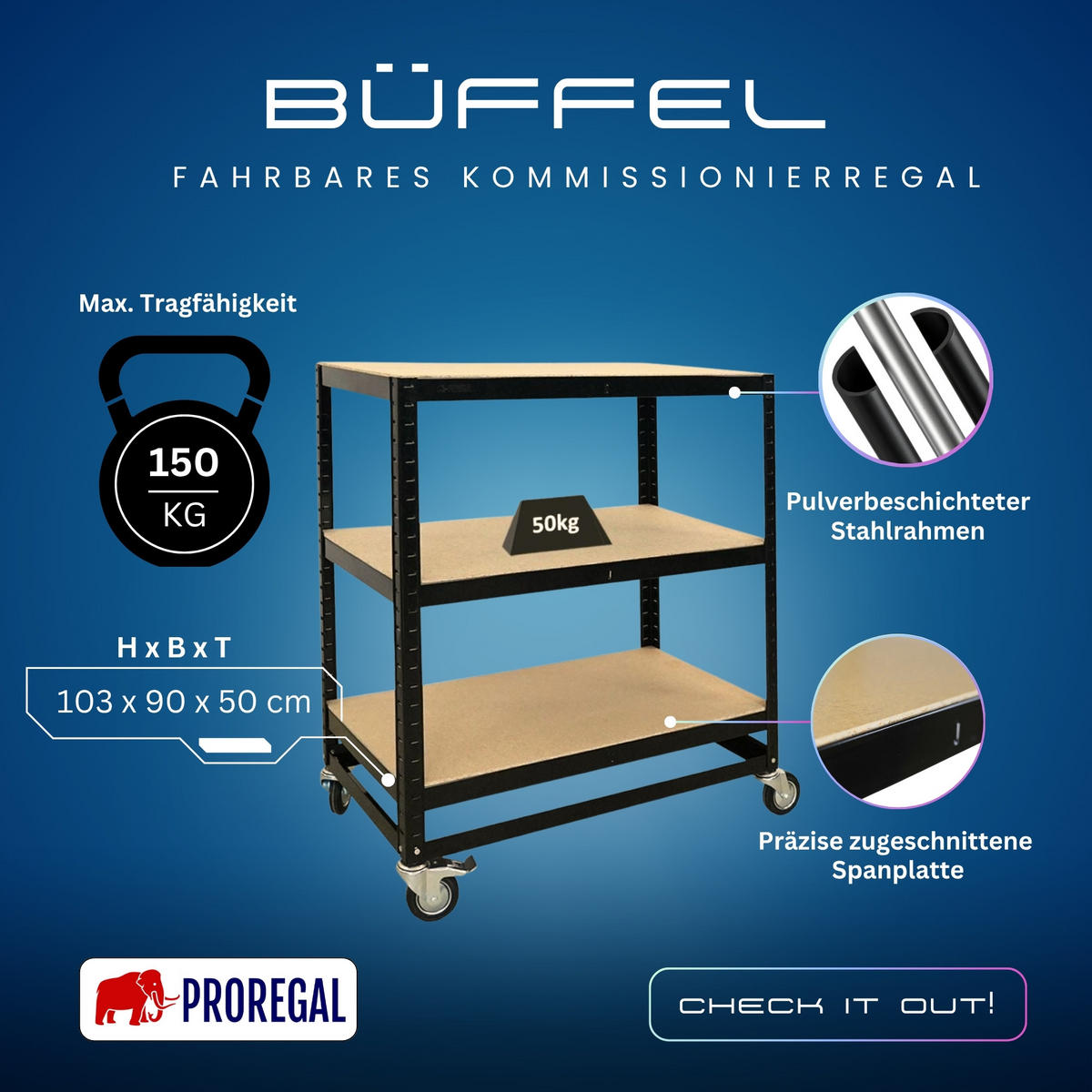 KOMMISSIONIERWAGEN BÜFFEL, 100x90x50cm, 3 Ebenen, Fachlast 50kg, 2X Lenkrollen & 2X Lenkrollen mit Feststellbremse, Schwarz - Schwarz, Metall (90/100/50cm) - PROREGAL