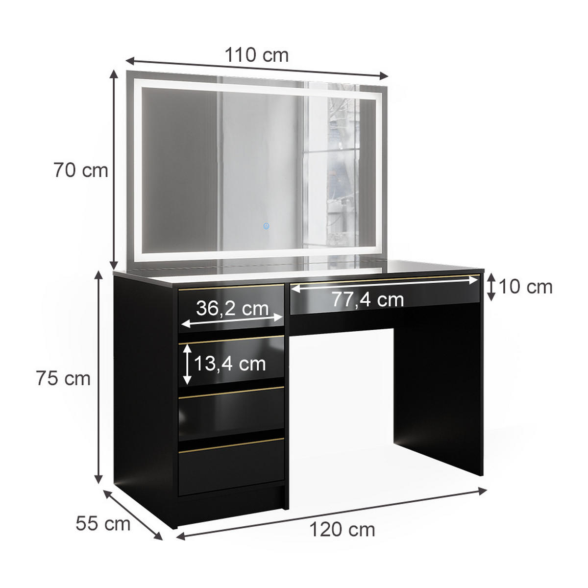 SCHMINKTISCH Sherry Schwarz/Gold 120 cm mit LED-Spiegel - Goldfarben/Schwarz, Holzwerkstoff (120/75/55cm) - Vicco