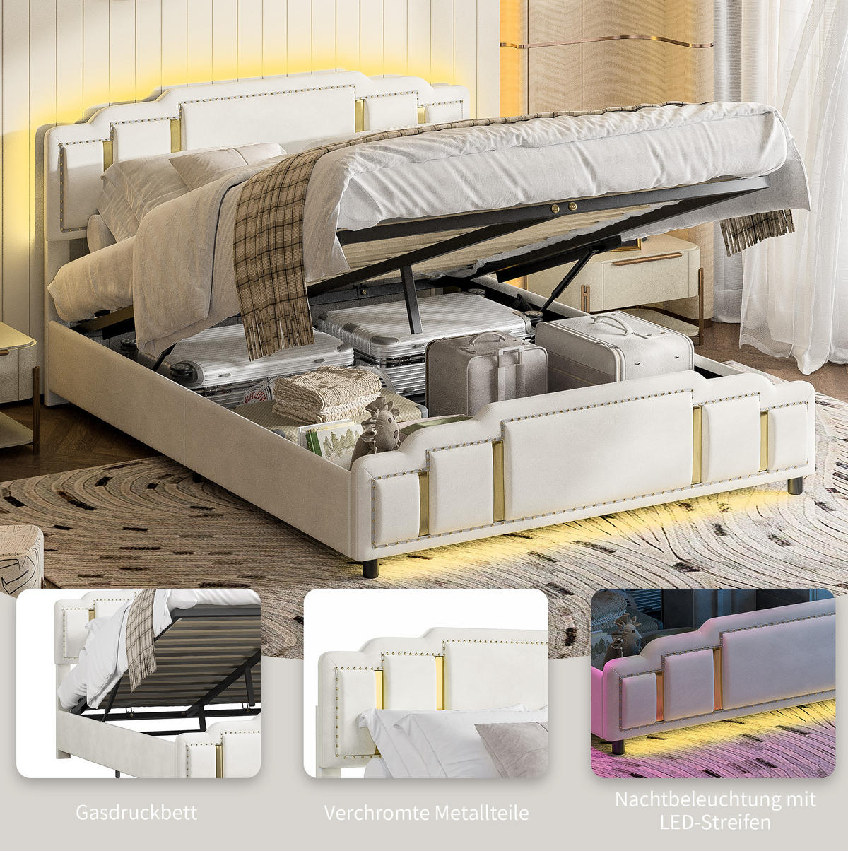 POLSTERBETT 140/200 cm mit LED-Beleuchtung, hydraulischem Bettkasten und Samtbezug, Beige - Beige, Textil (140/200cm) - Redom