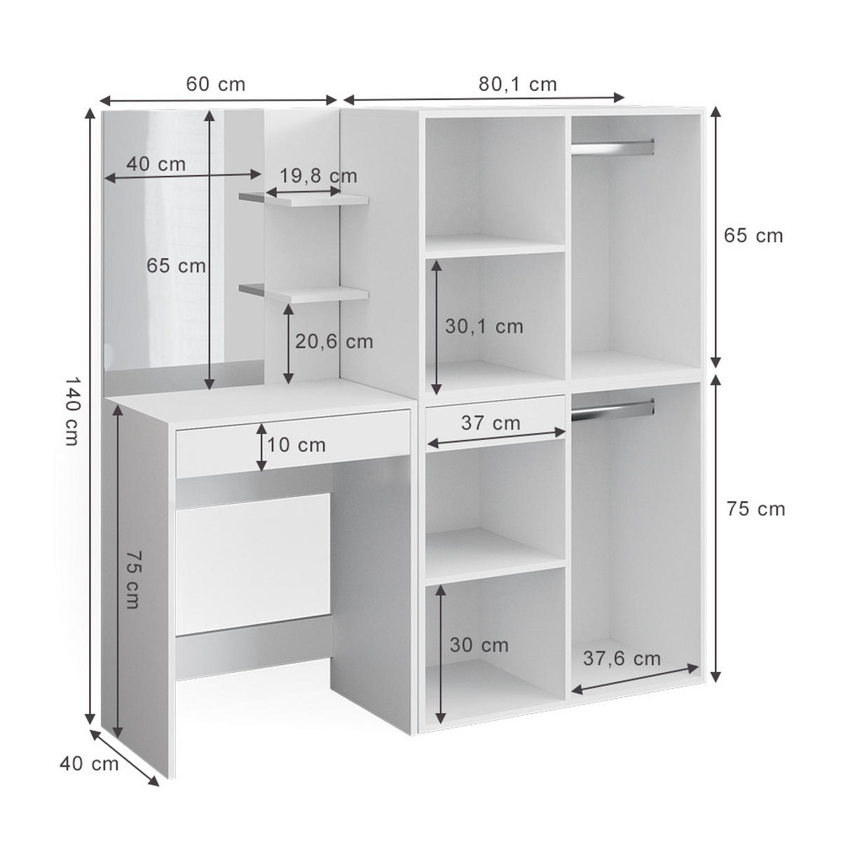 SCHMINKTISCH Isabelle Weiß 60 cm mit Schränken - Weiß, Holzwerkstoff (60/140/40cm) - Vicco