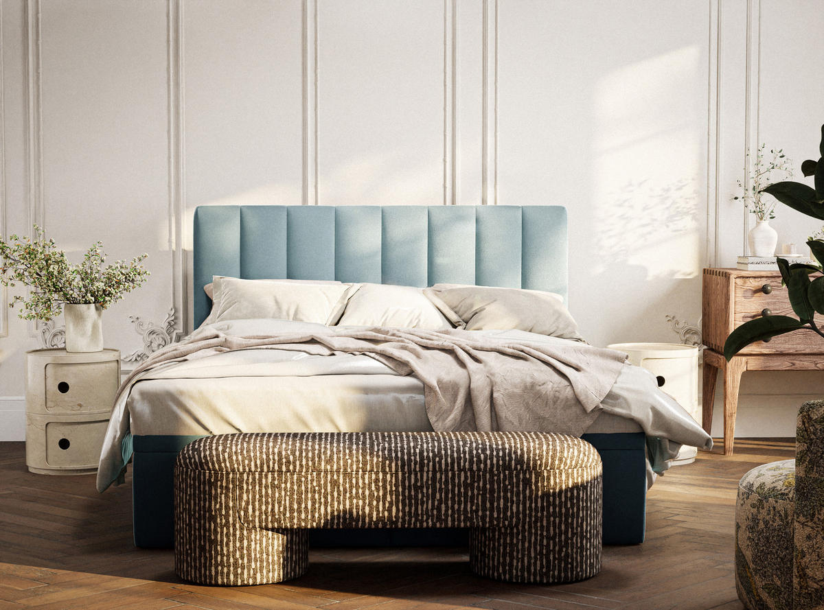 BOXBETT 200/200 cm Lovage M, in Türkis, Matratze, gepolstertes Kopfteil, Bettkasten, H3 = fest - Türkis/Schwarz, Holz/Holzwerkstoff (200/200cm) - Maison de Reve