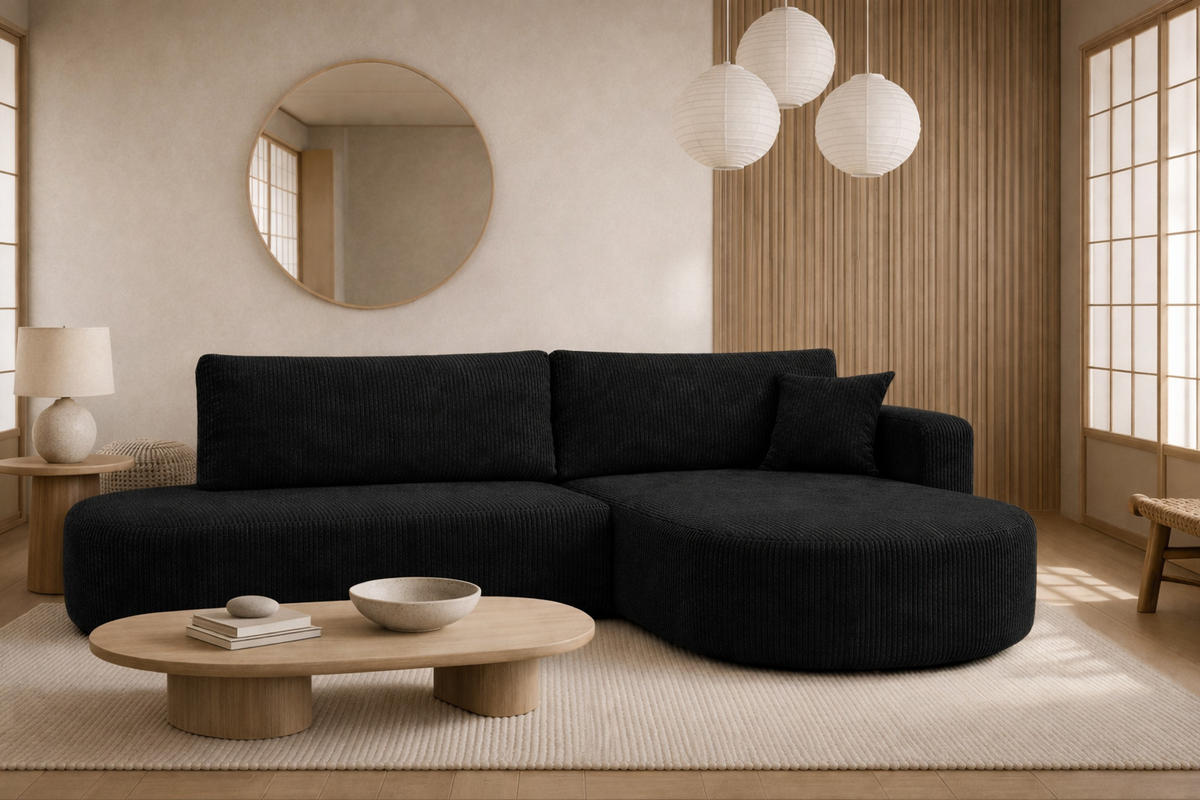 ECKSOFA Mit Schlaffunktion Und Bettkasten, Cordstoff Poso, Schwarz, Rechts, ROUND ONE OPEN XL - Schwarz, Holz (262/175cm) - Kaiser Möbel