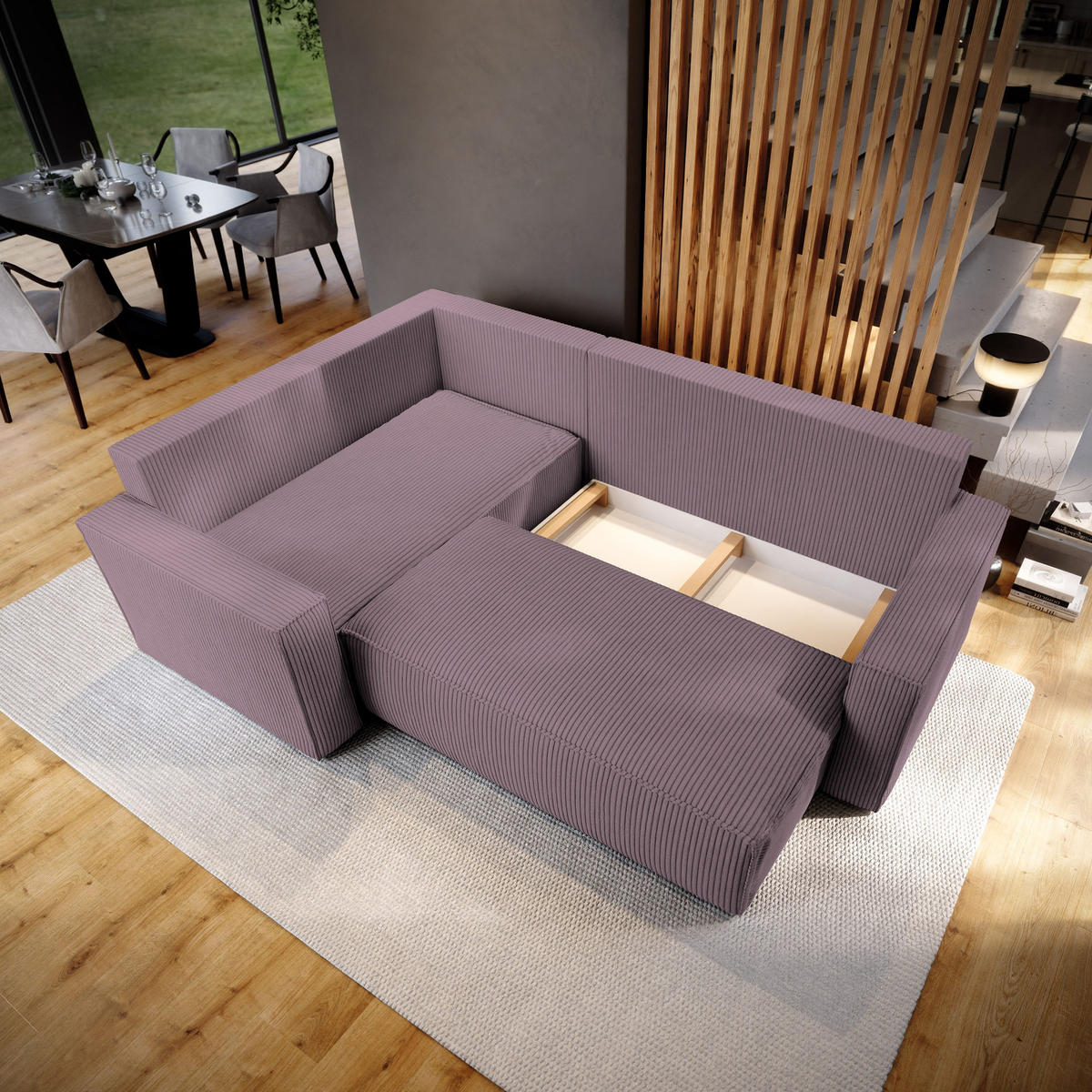 ECKSOFA ESTANO L-S Lila Kordstoff mit Schlaffunktion - Lila, Holz (230/158cm) - MASSENO