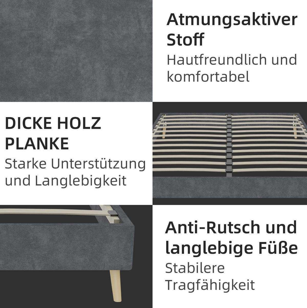 POLSTERBETT 160/200 cm grau aus Stoff und Metall mit LED und verstellbarer Rückenlehne - Grau, Textil (160/200cm) - OKWISH