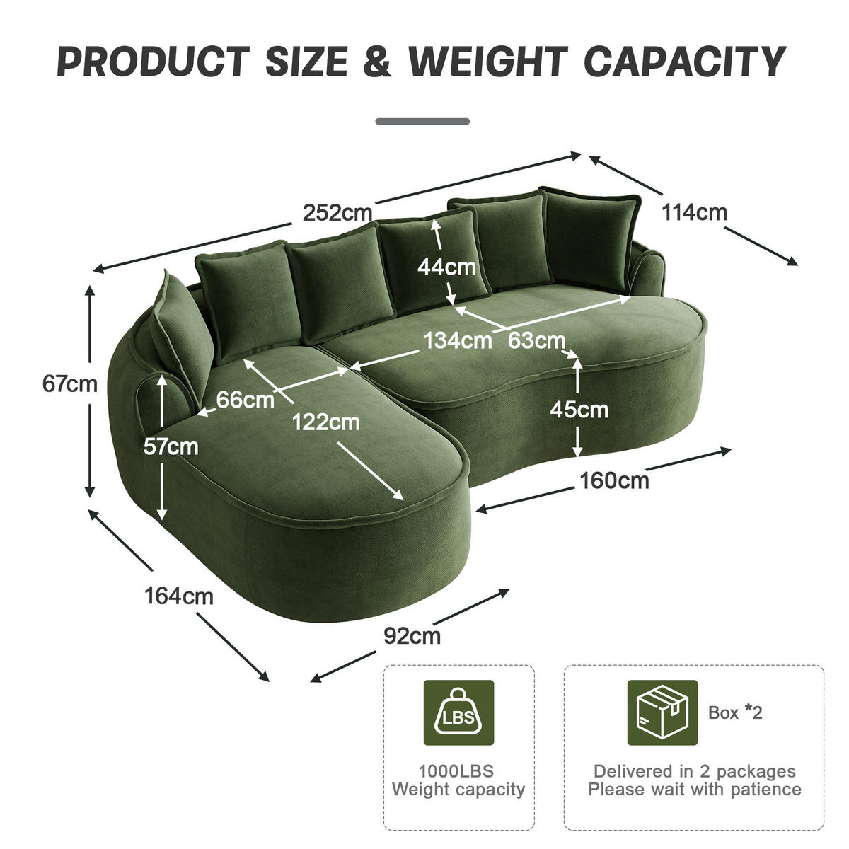 ECKSOFA chenille mit extra tiefer chaiselongue & rahmenlosem design - Grün, Textil (252/164cm) - Urban Meuble