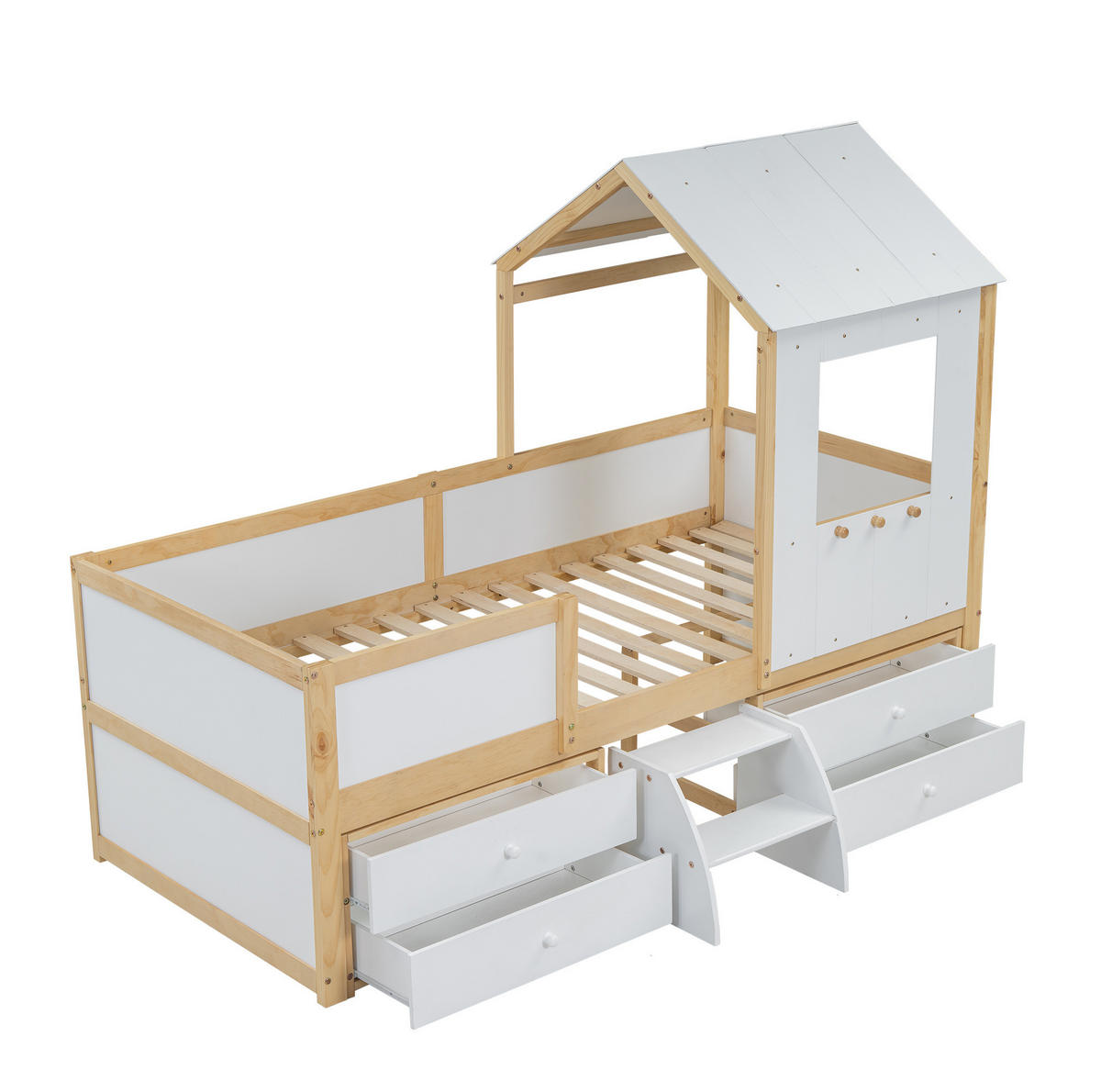 KINDERBETT Hausbett 90/200 cm, Weiß/Natur mit 4 Schubladen und Treppe - Weiß, Holz (90/200cm) - MIVRAY