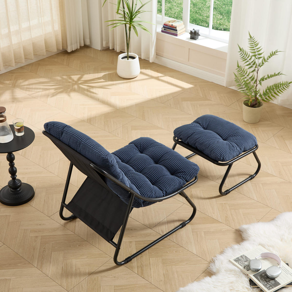 RELAXAČNÉ kreslo s taburetkou 65/78/86 cm tmavomodré s čiernym rámom na oddych z ocele - tmavomodrá, kov (78/86/65cm) - OKWISH