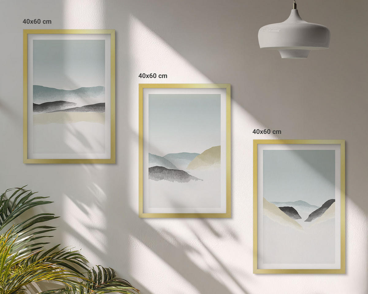 BILDER SET 3er Set - 40x60 cm Goldrahmen - Minimalistische Pastellberge - Goldfarben, Kunststoff (40/60cm) - TULUP