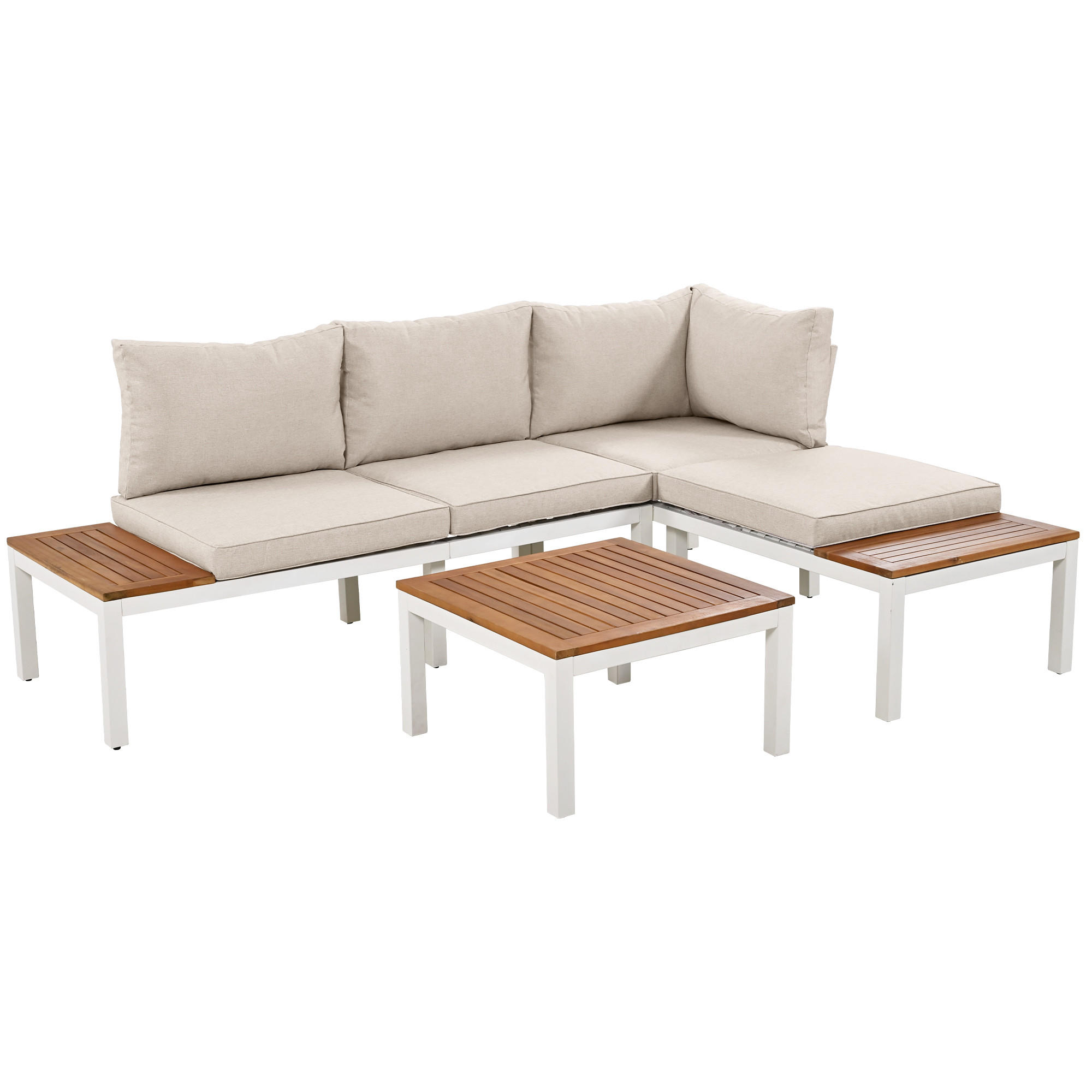 LOUNGEGARNITUR 5-tlg. Stahl & Akazie Beige Gartensofa mit Tisch & Beistelltischen - Beige, Metall - Urban Meuble