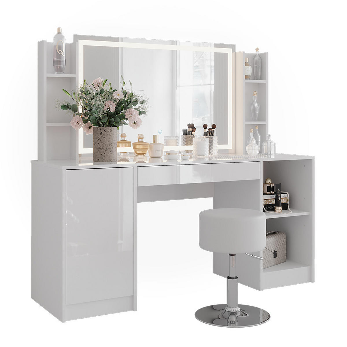 SCHMINKTISCH Sherry Weiß/Weiß Hochglanz 158.2 cm 5 Teile - Weiß Hochglanz, Holzwerkstoff (158.2/76/50.1cm) - Vicco