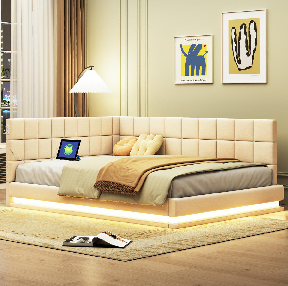 POLSTERBETT 140/200 cm Beige mit LED-Beleuchtung und USB-Anschluss - Beige, Leder (140/200cm) - Flora Grace