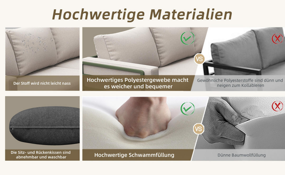 GARTENMÖBEL-SET aus Eisen mit Couchtisch aus gehärtetem Glas, 4-5 Sitzer, 114/60/70,5 cm, Beige - Beige, Metall - Redom
