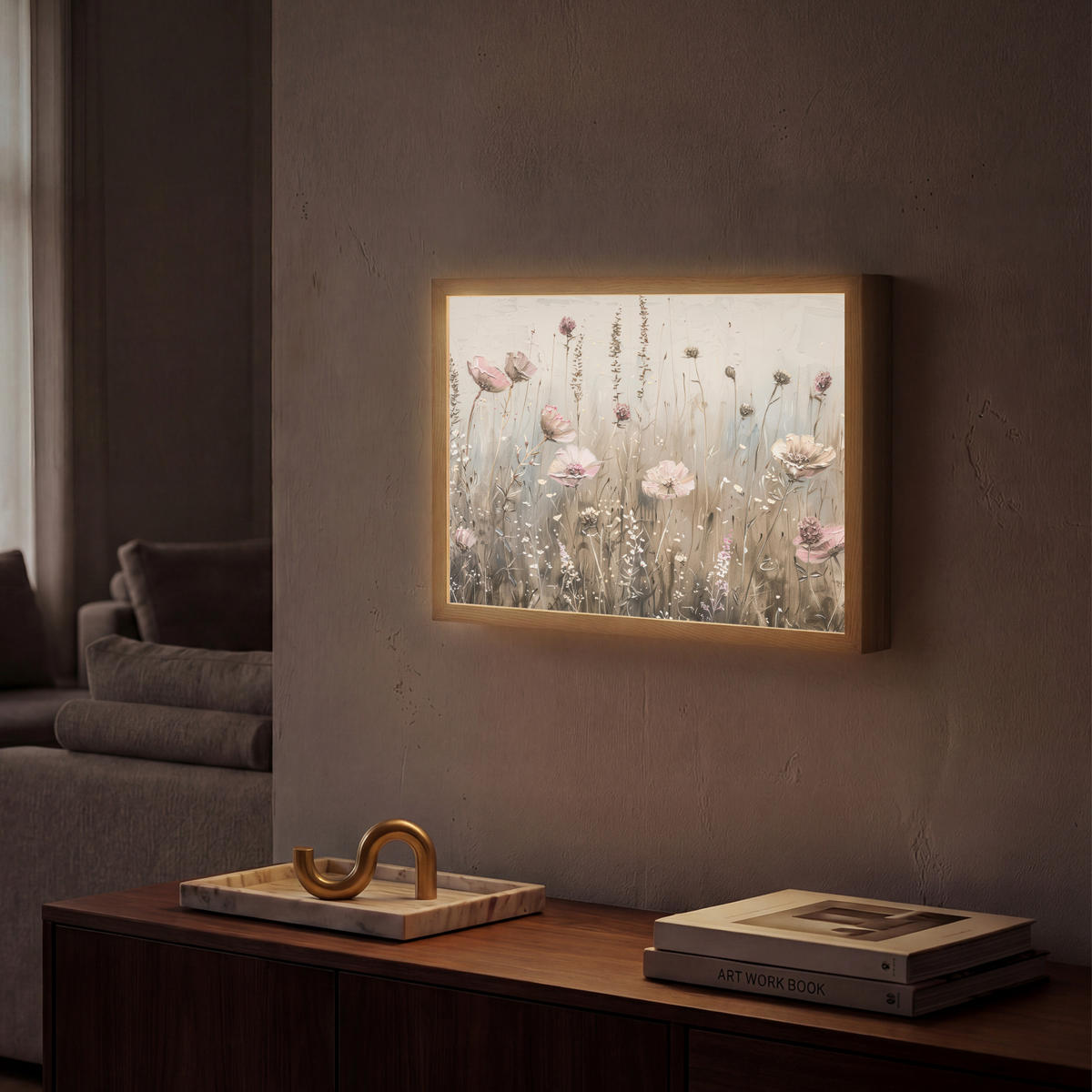 NÁSTĚNNÁ LAMPA S AKUMULÁTOREM Květiny - růžová - moderní - béžová 40x30 cm - starorůžová, kompozitní dřevo (40/30/8cm) - OnlyWow