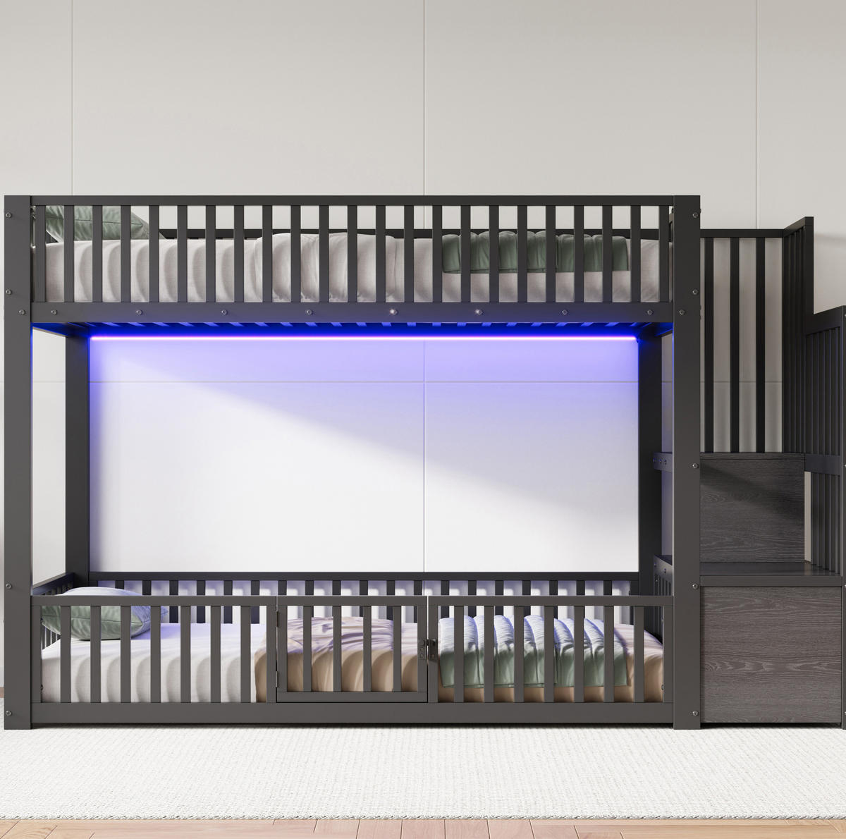 PATROVÁ postel 90/200 cm černá z MDF a kovu s LED osvětlením a úložným schodištěm - černá, kompozitní dřevo (90/200cm) - OKWISH