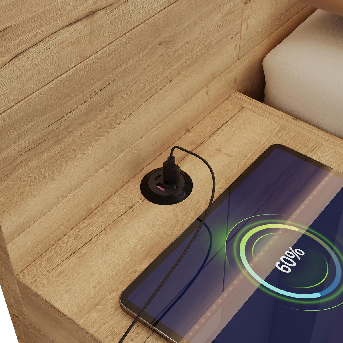 BETT 180/200 cm in Natur mit 2 Nachttischen, Schubladen, LED und USB MDF-Design - Naturfarben, Holzwerkstoff (180/200cm) - STILVORA