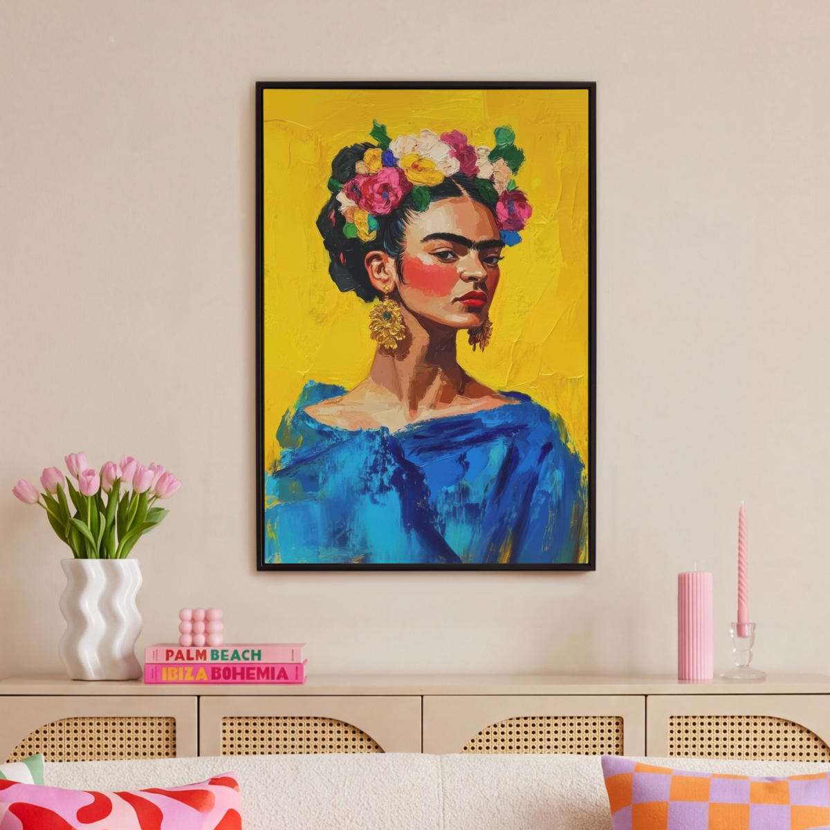 LEINWAND Bilder mit Rahmen - Frida Kahlo - Frau - Gelb - Blau - Blumen - 60x90 - Gelb, Textil (60/90cm) - MuchoWow