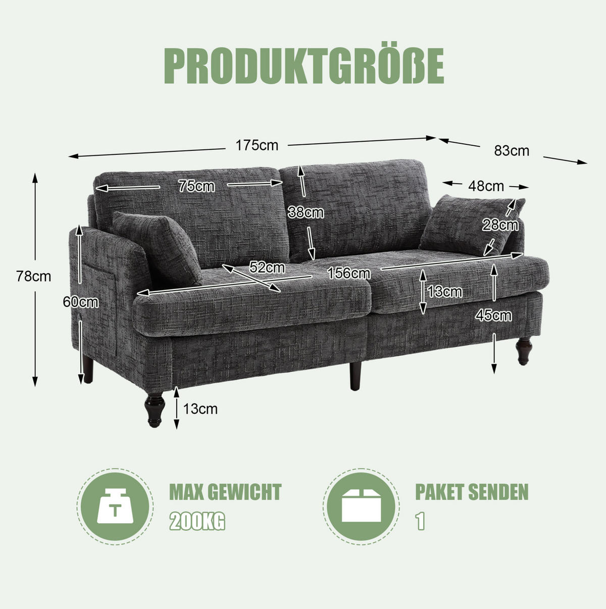 2-SITZER 175/83/78 cm grau aus Chenille mit USB, LED und Tasche - Grau, Textil (175/78/83cm) - OKWISH