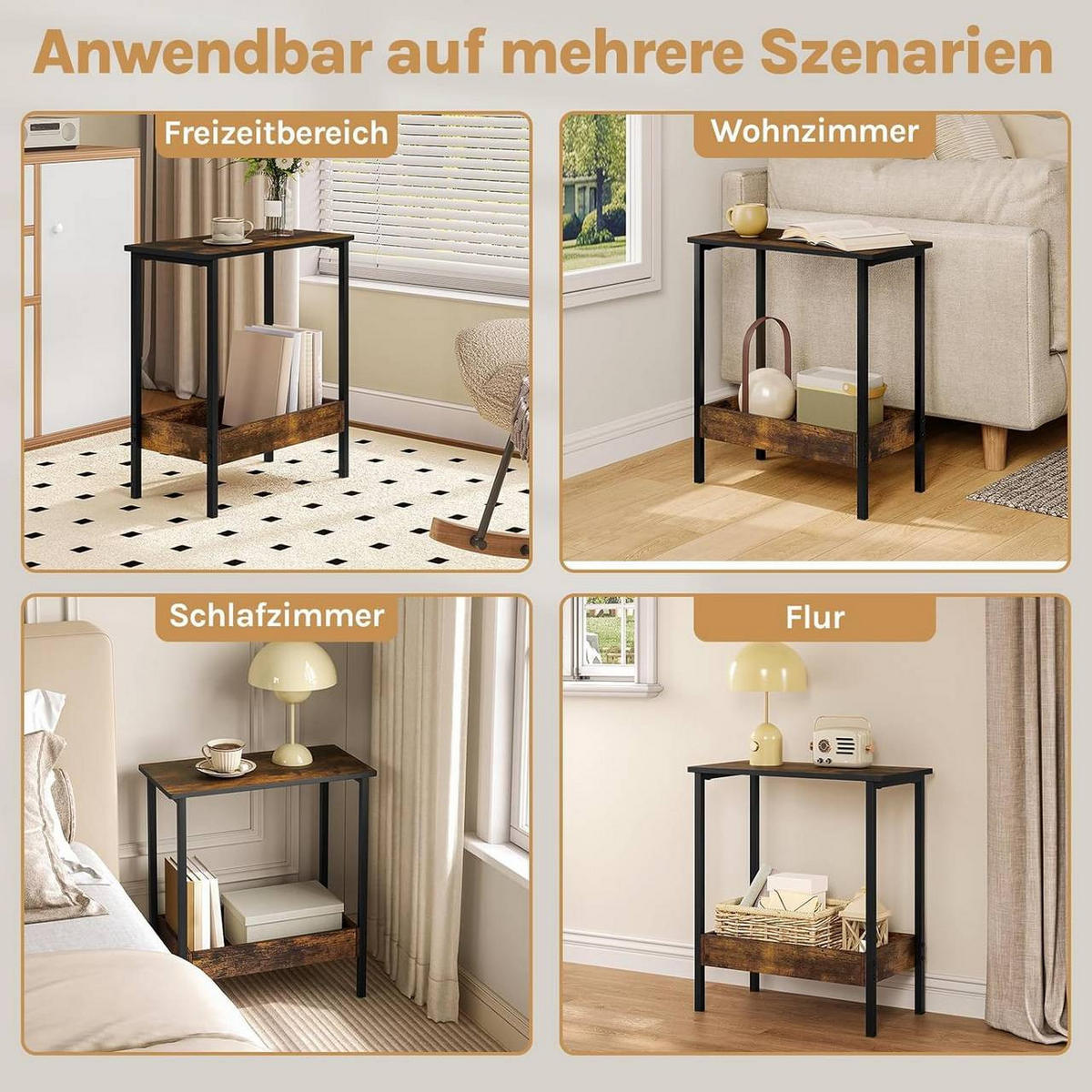 BEISTELLTISCH mit Ablage, Vintagebraun - Dunkelbraun/Schwarz, Holzwerkstoff/Metall (25/50/55cm) - Woltu